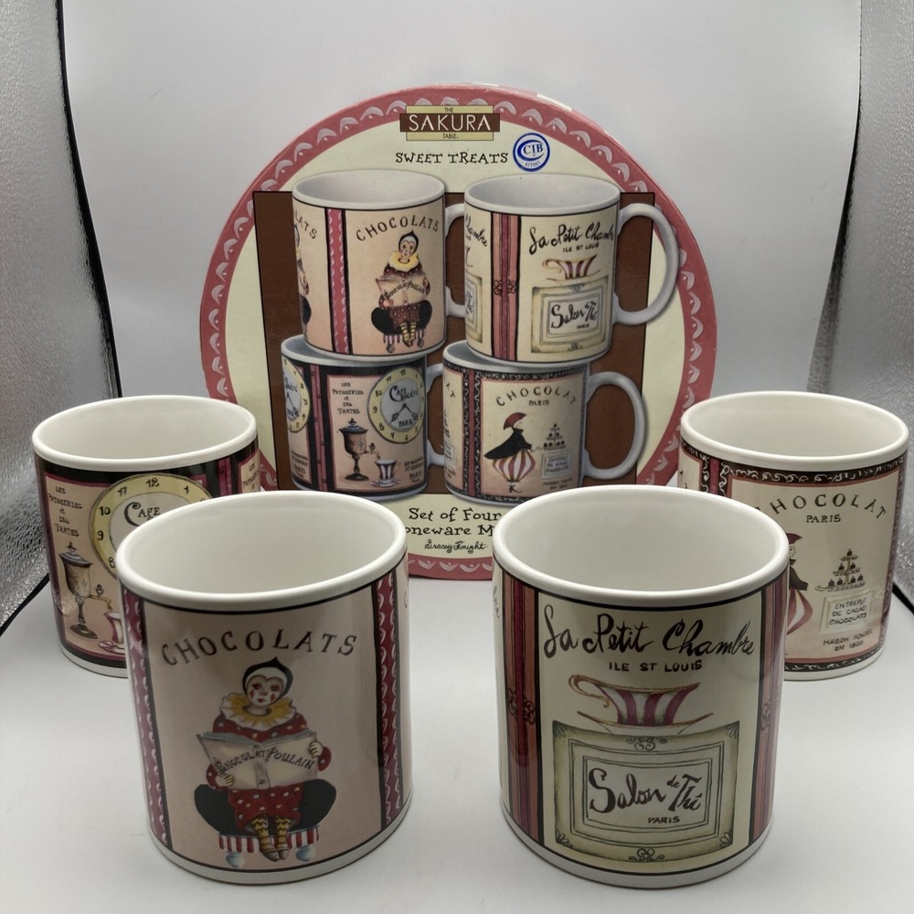 SAKURA " Sweet Treats " Set of Four  Mugs in Original box art by Gracie Knight